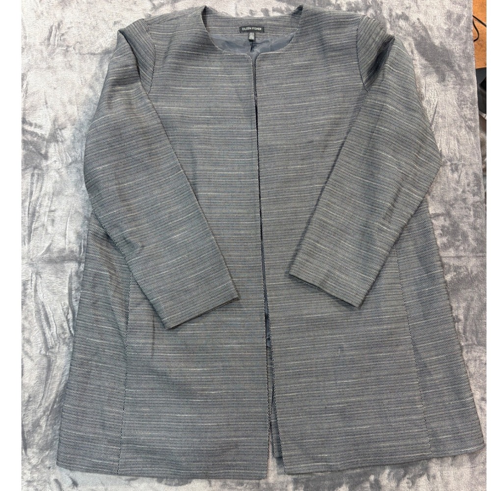Eileen Fisher Open Front Coat Womens Grey Herringbone Cotton XL